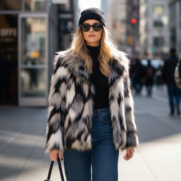 NWOT H&M black and white faux fur jacket w/ faux leather accents and pockets, 2 - Picture 1 of 7